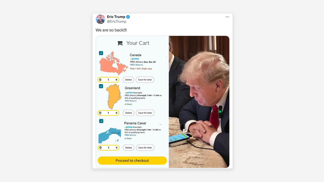 Hijo de Trump publica una foto de su padre ‘comprando’ Canadá, Groenlandia y el canal de Panamá en Amazon