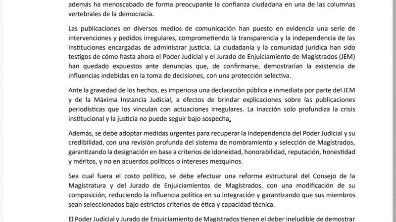 Crisis en la Justicia: Colegio de Abogados exige reformas urgentes y explicaciones al JEM y la Corte Suprema
