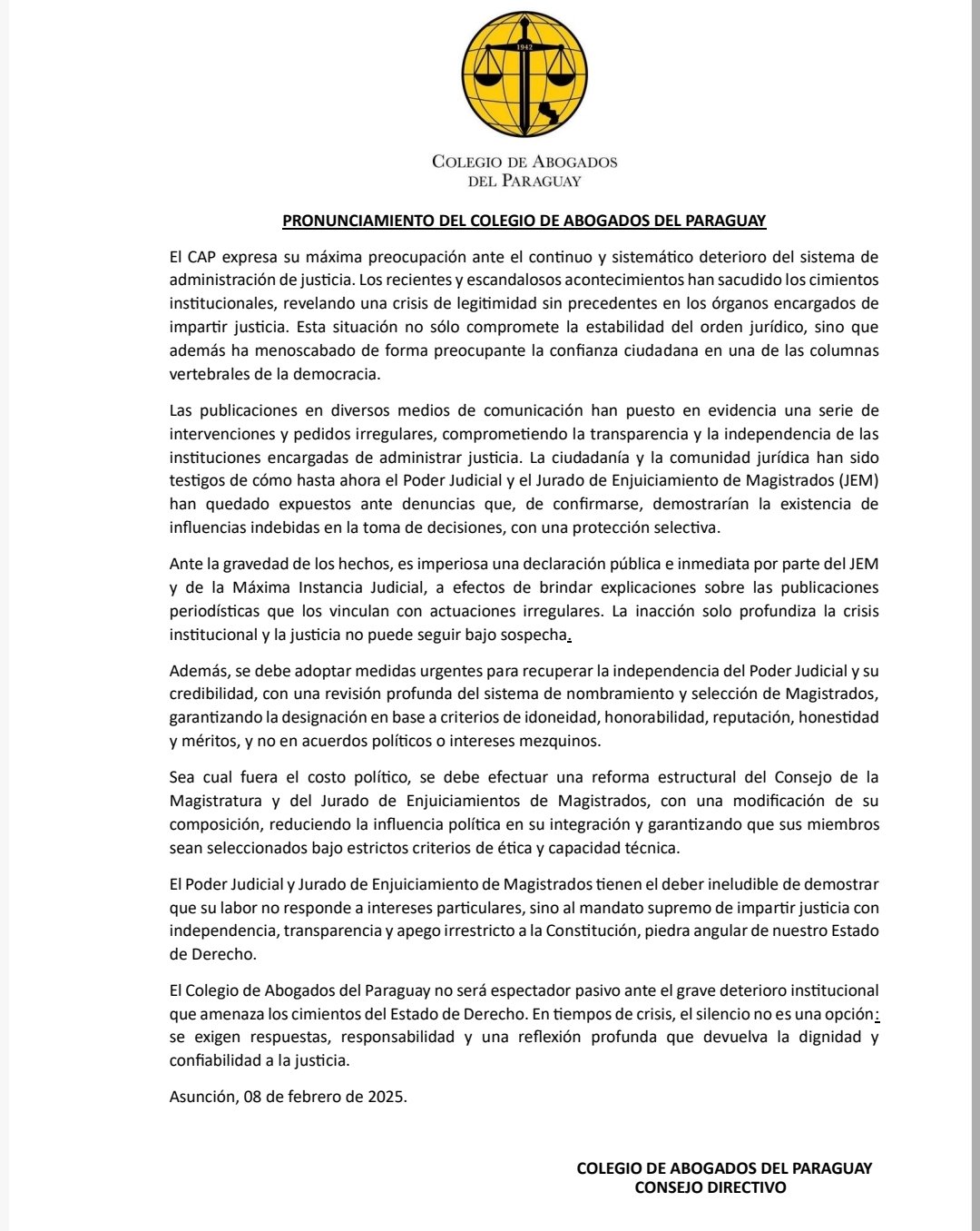 Crisis en la Justicia: Colegio de Abogados exige reformas urgentes y explicaciones al JEM y la Corte Suprema