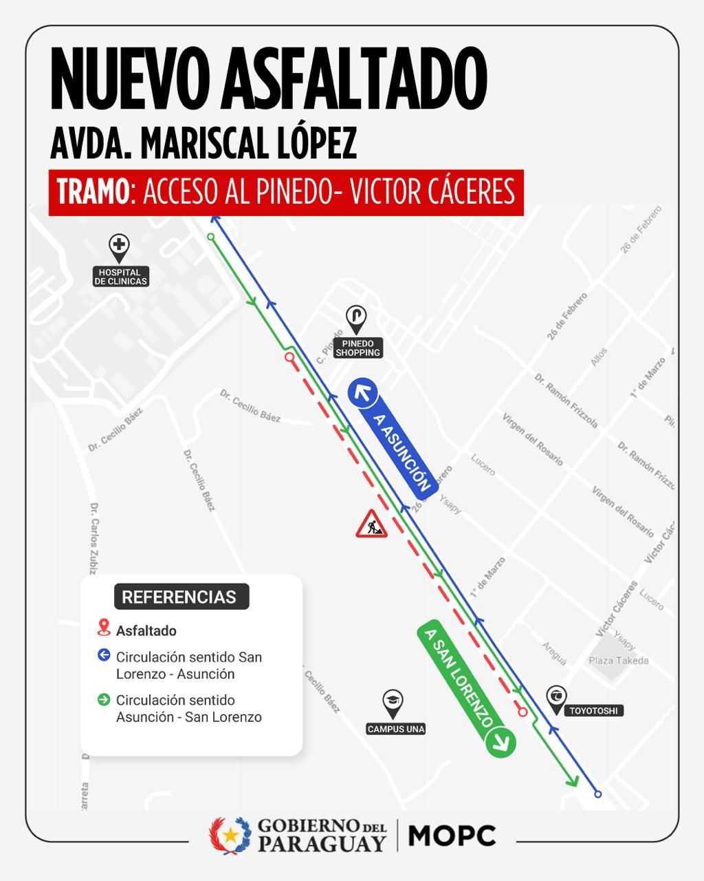 MOPC iniciará asfaltado en tramo Pinedo – Toyotoshi en la avenida Mariscal López