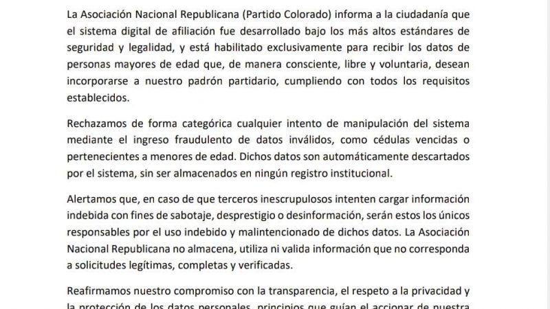 Partido Colorado desmiente afiliación digital de menores