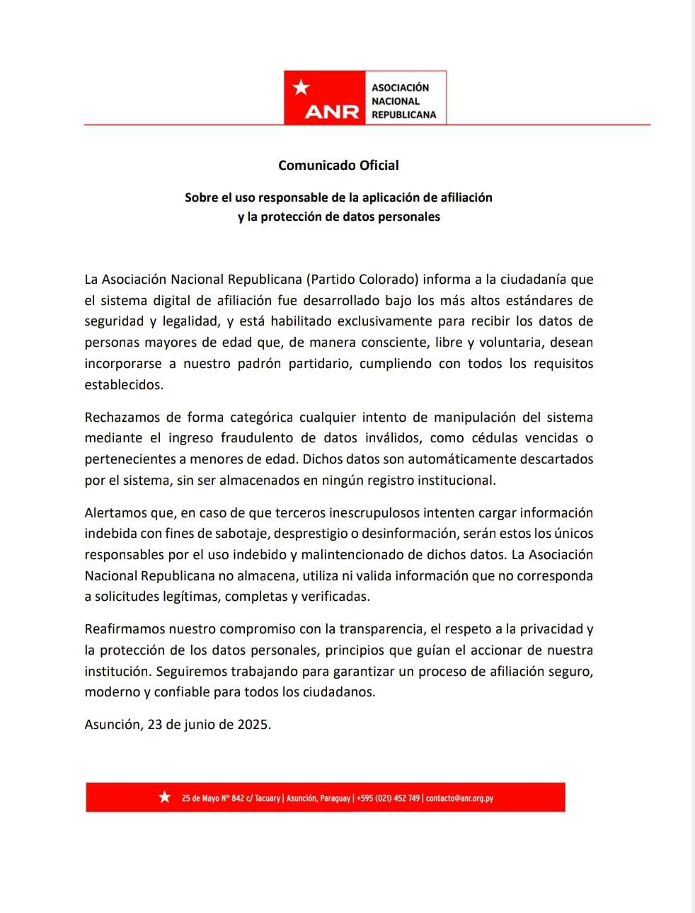 Partido Colorado desmiente afiliación digital de menores