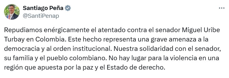 Peña condena atentado contra senador colombiano Miguel Uribe: “Una grave amenaza a la democracia”