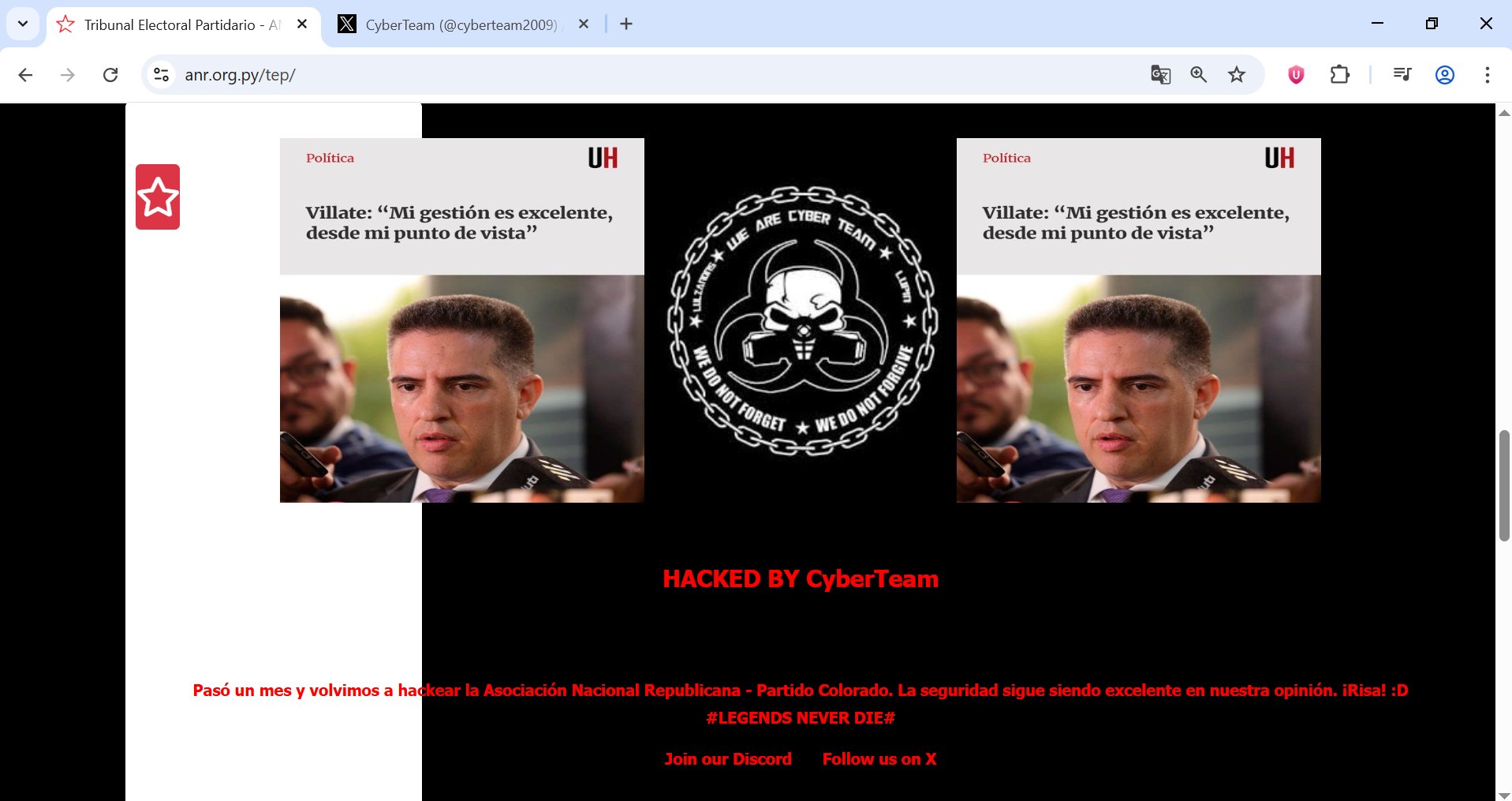 Hackean web de la ANR y ridiculizan a Villate: “La seguridad sigue siendo excelente… ¡Risa!”