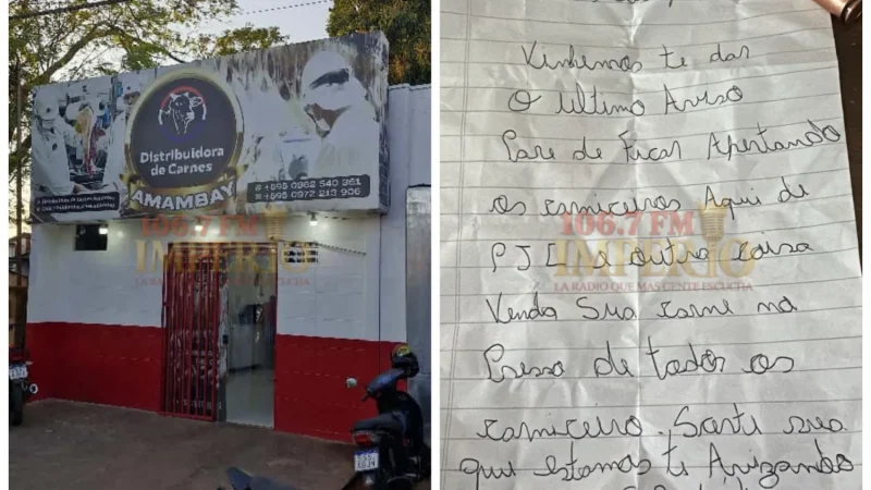 Amenaza a distribuidor de carne: Dejan panfleto intimidatorio con proyectiles en Pedro Juan Caballero