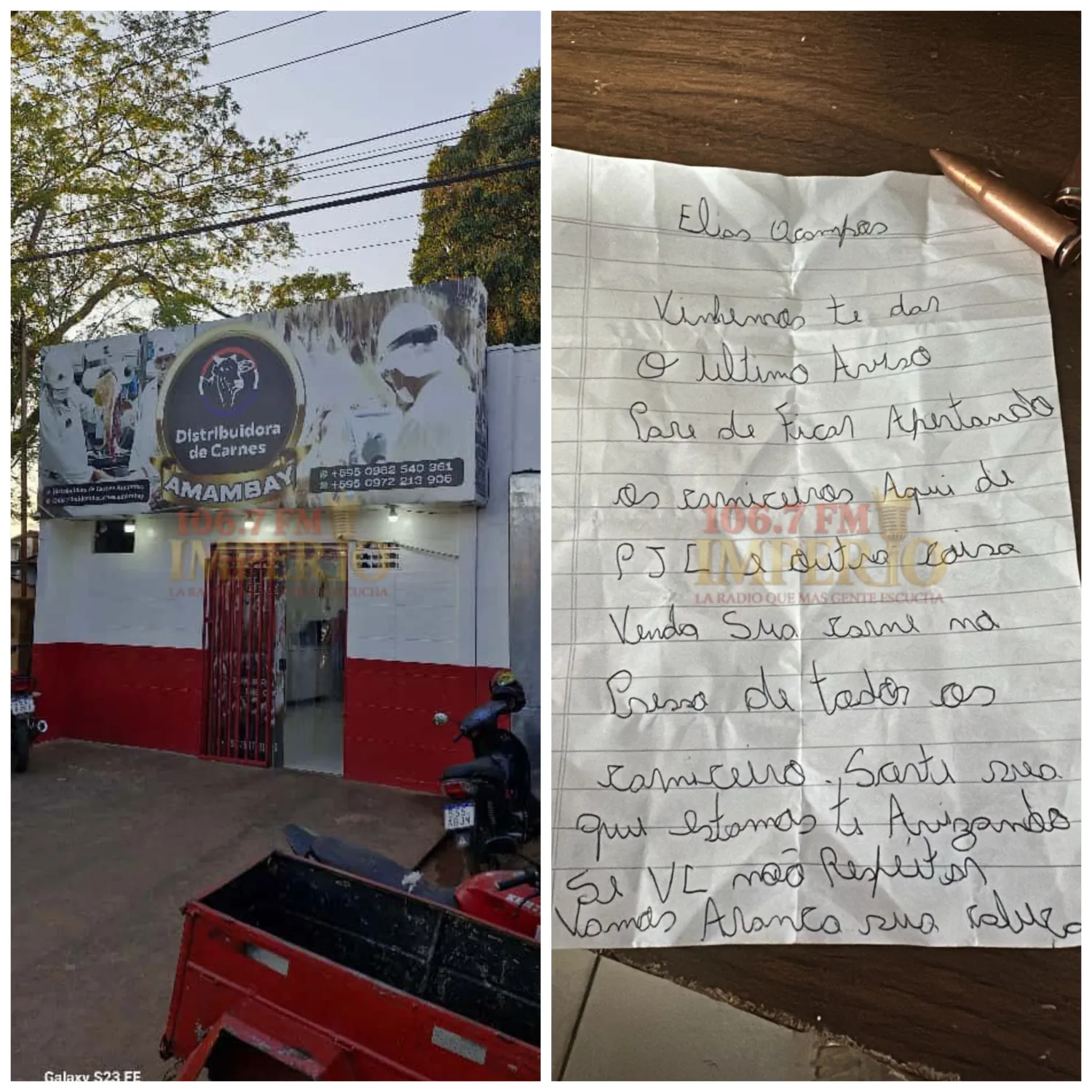 Amenaza a distribuidor de carne: Dejan panfleto intimidatorio con proyectiles en Pedro Juan Caballero