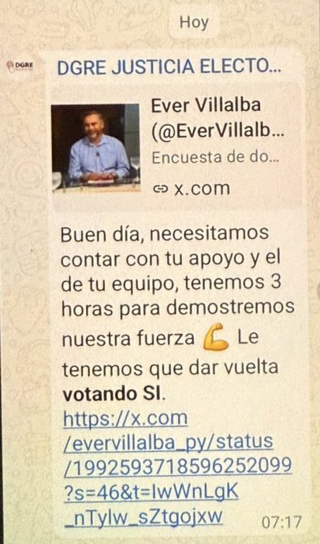 Senador Villalba denuncia bajada de línea del TSJE en grupos de WhatsApp