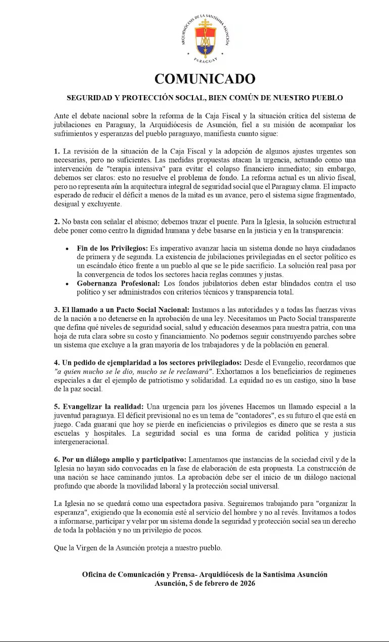 Iglesia denuncia privilegios y acusa al Gobierno de parches en la Caja Fiscal